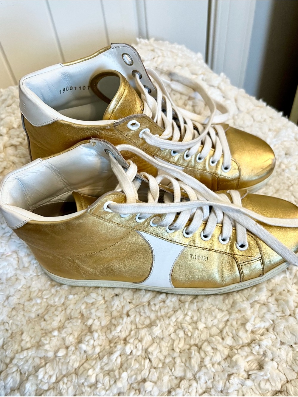 Celine Triomphe Gold and White High-Top Leather Sneakers - Women